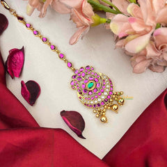 Vriksham Traditional Chand With Ruby Pink Stones & Gold Bead Drops Maang Tikka-G22044