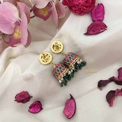 Vriksham Circular Kundan Tops with Dome Drops Jhumkas-Red White & Green-Green Bead & Pearl-J3618