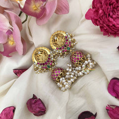 Vriksham Peacock Rajasthani Charm Jadau Jhumkas-Red White & Green-Rice Pearl-J3619