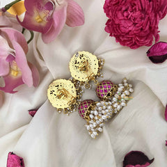 Vriksham Peacock Rajasthani Charm Jadau Jhumkas-Red White & Green-Rice Pearl-J3619