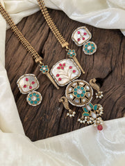 Dual Tone Statement Jadau Kundan Pendant Chain Neckpiece-Green- J1890
