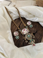 Dual Tone Statement Jadau Kundan Pendant Chain Neckpiece-Green- J1890