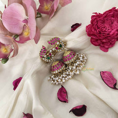 Vriksham Vibrant Peacock Kunda Jadau Red Dome Jhumkas-Red White & Green-Rice Pearl-J3621