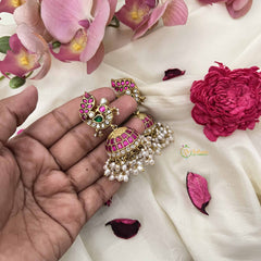 Vriksham Vibrant Peacock Kunda Jadau Red Dome Jhumkas-Red White & Green-Rice Pearl-J3621