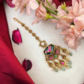 Vriksham Antique Gold With Dark Green Enamel Maang Tikka-Green Bead-J4238