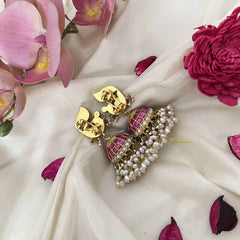 Vriksham Vibrant Peacock Kunda Jadau Red Dome Jhumkas-Red White & Green-Rice Pearl-J3621