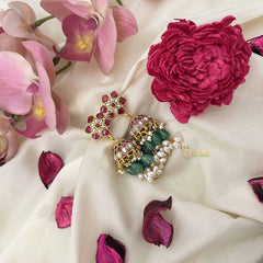 Vriksham Royal Lotus Style Kunda Jadau Jhumkas-Red White & Green-Green Bead & Rice Pearl-J3620