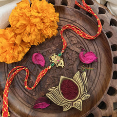 Vriksham Rakshabandhan Kundan Jadau Shree Ganesha Pendant Rakhi-Green Red-G18978