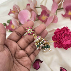 Vriksham Royal Lotus Style Kunda Jadau Jhumkas-Red White & Green-Green Bead & Rice Pearl-J3620