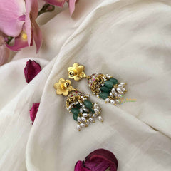 Vriksham Royal Lotus Style Kunda Jadau Jhumkas-Red White & Green-Green Bead & Rice Pearl-J3620