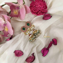 Vriksham Traditional Rajasthani Kundan Jadau Jhumkas-Red White & Green-Green Bead & Pearl-J3622