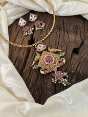 Designer Jadau Kundan Hasli Choker with Pendant -Red Green Pendant- J1848