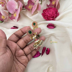 Vriksham Traditional Rajasthani Kundan Jadau Jhumkas-Red White & Green-Green Bead & Pearl-J3622