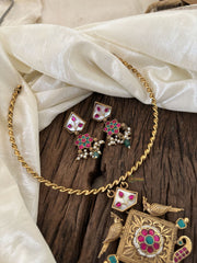 Designer Jadau Kundan Hasli Choker with Pendant -Red Green Pendant- J1848