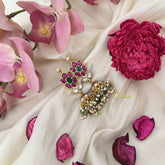 Vriksham Lotus Motif Kundan Jadau Jhumkas-Red White & Green-Green Bead & Pearl-J3623