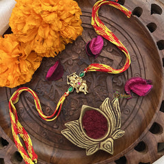 Vriksham Rakshabandhan Kundan Jadau Shree Ganesha Pendant Rakhi-Green Red-G18977