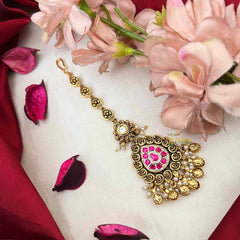 Vriksham Descriptive Gold Finish Pear Style Kundan Jadau Maang Tikka-Red Green-Gold Bead-J4236