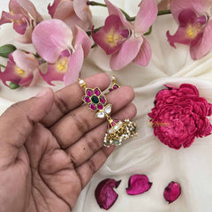 Vriksham Lotus Motif Kundan Jadau Jhumkas-Red White & Green-Green Bead & Pearl-J3623