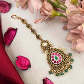 Vriksham Descriptive Gold Finish Pear Style Kundan Jadau Maang Tikka-Red Green-Green Bead-J4235