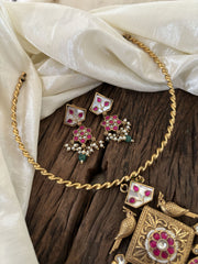 Designer Jadau Kundan Hasli Choker with Pendant -red White Pendant- J1847