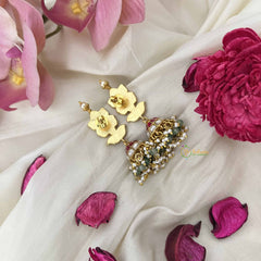 Vriksham Lotus Motif Kundan Jadau Jhumkas-Red White & Green-Green Bead & Pearl-J3623