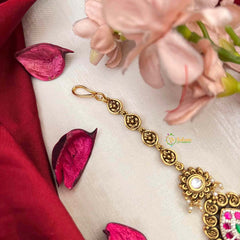 Vriksham Descriptive Gold Finish Pear Style Kundan Jadau Maang Tikka-Red Green-Green Bead-J4235