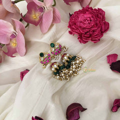Vriksham Unique Floral Kundan Jadau Jhumkas-Red White & Green-Green Bead & Pearl-J3624