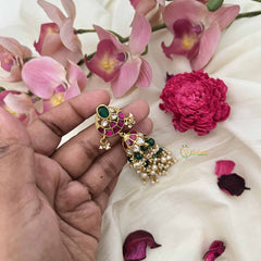 Vriksham Unique Floral Kundan Jadau Jhumkas-Red White & Green-Green Bead & Pearl-J3624