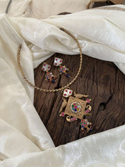 Designer Jadau Kundan Hasli Choker with Pendant -Navrathna Pendant- J1846