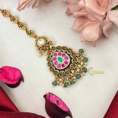 Vriksham Descriptive Gold Finish Pear Style Kundan Jadau Maang Tikka-Red Green-Green Bead-J4235