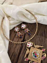 Designer Jadau Kundan Hasli Choker with Pendant -Navrathna Pendant- J1846