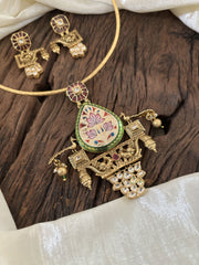 Designer Jadau Kundan Hasli Choker with Pendant -Green red Meenakari Pendant- J1845