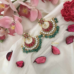 Vriksham Traditional Crescent Chandbalis Kundan Jadau Earring-Red White & Green-Green Bead-J3626