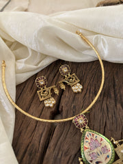 Designer Jadau Kundan Hasli Choker with Pendant -Green red Meenakari Pendant- J1845