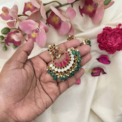 Vriksham Traditional Crescent Chandbalis Kundan Jadau Earring-Red White & Green-Green Bead-J3626