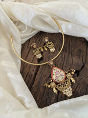 Designer Jadau Kundan Hasli Choker with Pendant -Red Green Meenakari Pendant- J1844