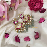 Vriksham Designer Floral Pearl Kundan Jadau Earring-Red White-Green Bead-J3627