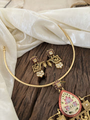 Designer Jadau Kundan Hasli Choker with Pendant -Red Green Meenakari Pendant- J1844