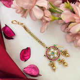 Vriksham Matte Gold Finish Circular Gold-Work Maang Tikka-Red Green & White-Gold Bead-G22042