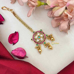 Vriksham Matte Gold Finish Circular Gold-Work Maang Tikka-Red Green & White-Gold Bead-G22042