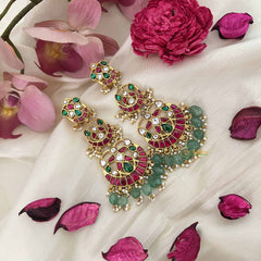 Vriksham Statement Ethnic Chandbali Kundan Jadau Earrings with Green Bead & Pearl-J3629