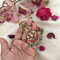 Vriksham Statement Ethnic Chandbali Kundan Jadau Earrings with Green Bead & Pearl-J3629