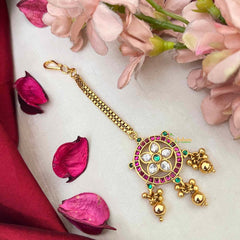 Vriksham Matte Gold Finish Circular Gold-Work Maang Tikka-Red Green & White-Gold Bead-G22042