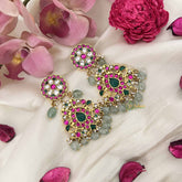 Vriksham Heritage-Inspired Floral Kundan Jadau Earrings with Green Bead-J3630