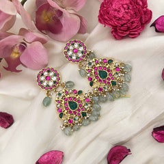 Vriksham Heritage-Inspired Floral Kundan Jadau Earrings with Green Bead-J3630