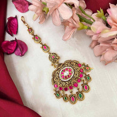 Vriksham Descriptive Gold Finish Pear Style Kundan Jadau Maang Tikka-Red Green-Green Bead-J4235