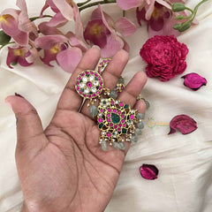 Vriksham Heritage-Inspired Floral Kundan Jadau Earrings with Green Bead-J3630