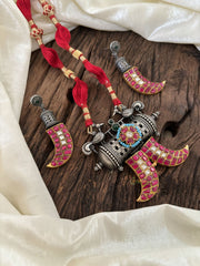 Dual Tone Jadau Kundan Dokri Rope Neckpiece -Red-J1896