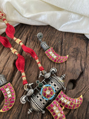 Dual Tone Jadau Kundan Dokri Rope Neckpiece -Red-J1896