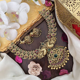 Vriksham Dual Peacock With Maanga Pendant Short Neckpiece-Red Green-Gold Bead-G17849